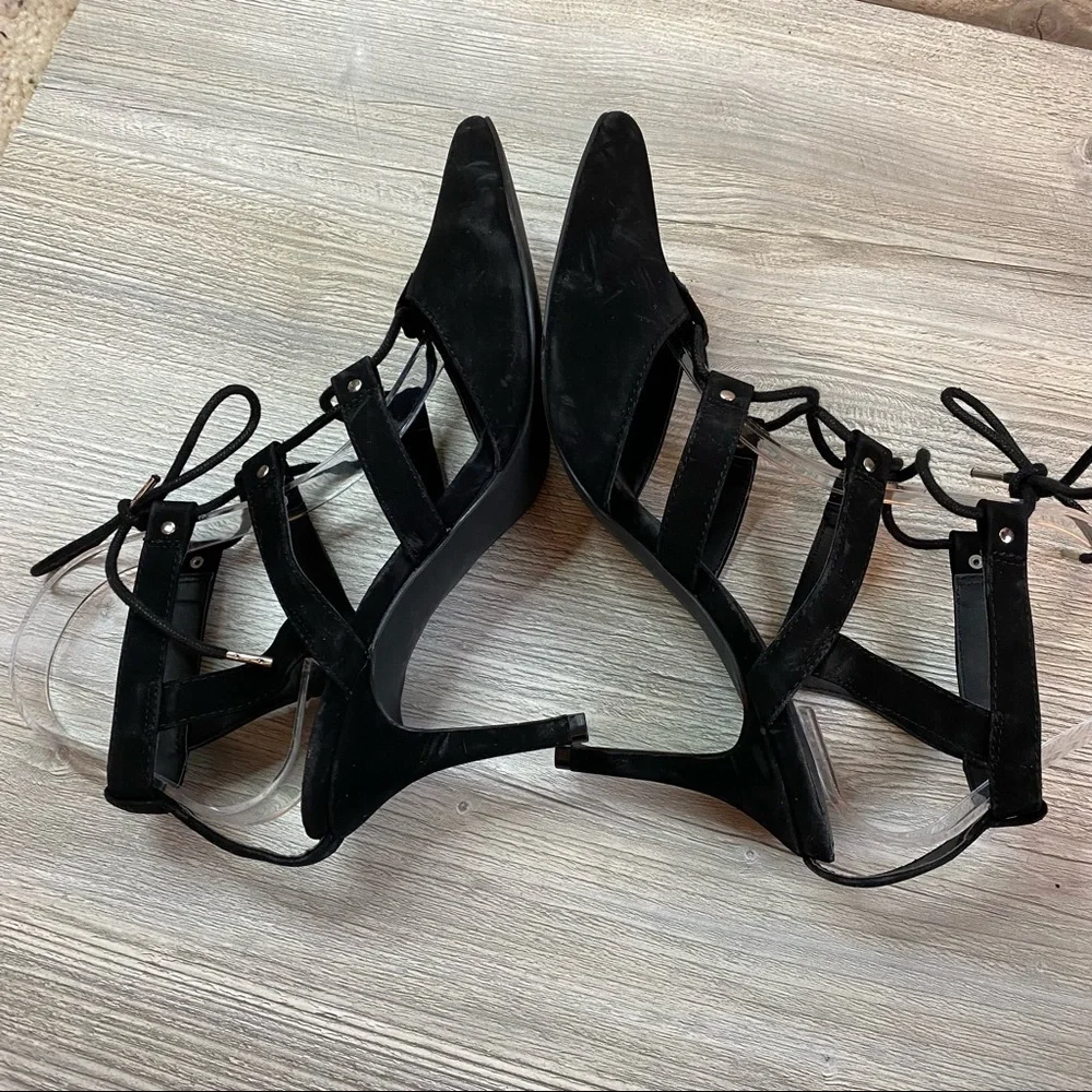 Black velvet pointy lace up heels